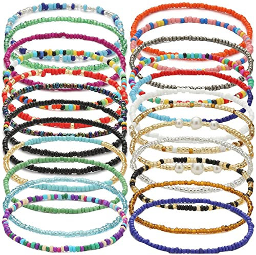 Lucktao 24 Stück bunte Perlen fußkette, fusskettenchen, Perlen Fußkettchen Set Strand Boho Mädchen Frauenc für Damen und Mädchen verstellbares Boho fußkette damen…