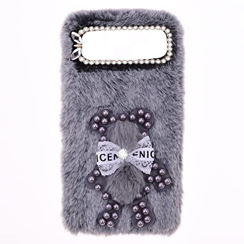 Peluche Custodia Compatibile con Galaxy J5 2016 Ragazze Peluche Pearl Bear Cute Fluffy Glitter Bow Faux Plush Morbido e Confortevole Custodia Protettiva per J5 2016,Grey Pearl Bear
