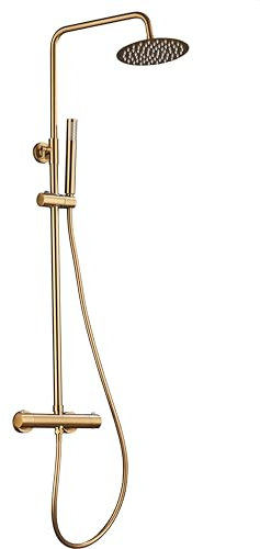 VALAZ Columna Ducha Termostatica Dorado Cepillado Protección PVD, Lluvia, Mezclador Agua Fría y Caliente, Ahorro de Agua, Instalación Fácil, Inoxidable, Longitud 80-120 cm, Rociador 20 cm, Serie Ebro