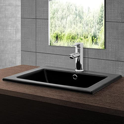 ML-Design Waschbecken aus Keramik Schwarz matt 52,5x21x45 cm, Eckige Einbauwaschbecken mit Hahnloch/Überlauf, Aufsatzwaschbecken Einbauwaschtisch Waschschale Handwaschbecken, für Badezimmer/Gäste WC