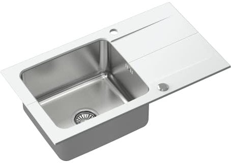 QUADRON Fregadero blanco | tamaño 78 x 44 cm | EDWARD fregadero de acero inoxidable de un seno con cubeta de acero | fregadero de granito con sifón manual y tapón de rosca | con escurridor