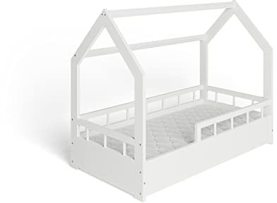 MS FACTORY Letto Casetta in Massello 70x140cm con Telaio a Doghe - Letto per Bambini Singolo con Sponda Anticaduta - Stile Scandinavo Nordico Montessori - Mezze Barriere Bianche