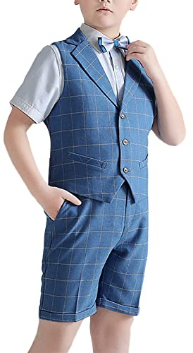 GUOCU 4 Piece Boys Blue Check Suits Wedding Party Pageboy Suits Set Baby Boys Gentleman Suit Plus Size Formal Waistcoat Outfits Summer Boys Shirt + Bow Tie + Vest + Shorts/Trousers Set