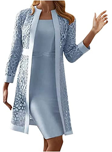 Wedding Guest Dresses for Women UK Sale Clearance Two Piece Mother of The Bride Outfits Petite Lace Hollow Out Long Sleeve Cardigan + Sleeveless Dress Summer Elegant Party Casual Ladies Dresses