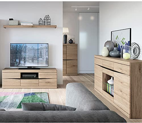 Wohnzimmer Set 4-teilig Lowboard Wandregal Highboard Sideboard mit Glasboden Beleuchtung in Eiche Nb. Wenge Nb. grifflos