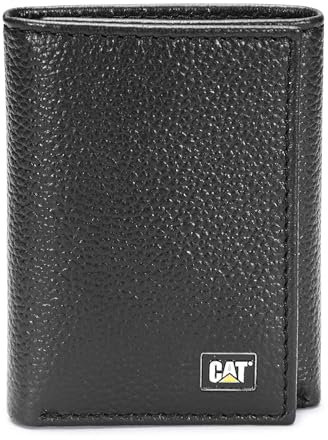 CAT Caterpillar Herren Leder Trifold Geldbörse mit Emaille Logo, Schwarz, Einheitsgröße, Dreifach gefaltete Geldbörse aus echtem Leder mit Emaille-Logo
