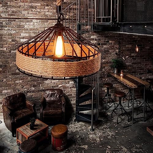 Pendelleuchte Hanfseil Industriestil Retro lampen E27 Aufhängung Typ Rundkäfig Eisen hängelampe Höhenverstellbarer pendelleuchte esstisch Bar Leuchter Für Café Restaurant Deko hängeleuchte (50cm)