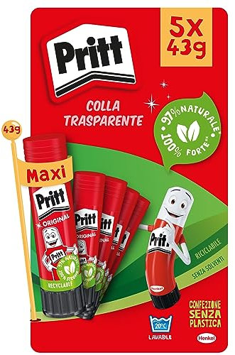 Pritt Colla Stick 43g (Pacco da 5), colla per bambini sicura e affidabile, colla Pritt per lavoretti e fai da te, con una tenuta forte per uso scuola e ufficio