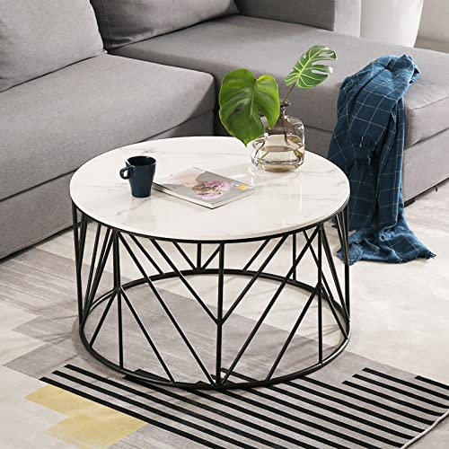 Table Basse Ronde de Salon, Table de canapé, Table à thé avec Plateau en Pierre frittée et Cadre en métal Robuste, Table Basse Moderne pour Salon, Bureau, Petit Appartement, café, Bar, Gain