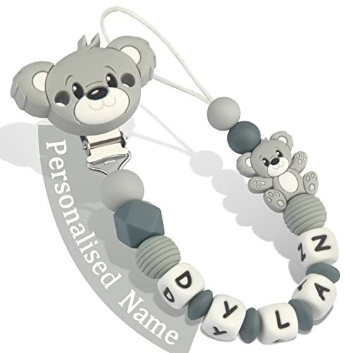 Yolnkos Schnullerkette mit Namen Jungen Mädchen Personalisiert Schnullerclip Teddy Bär(Grau)