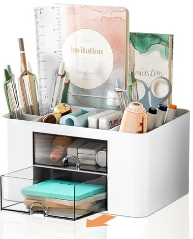Cayxenful Desk Organiser with 2 Drawers, Plastic Table Stationary Organiser, Desk Tidy Organiser with 5 Compartments Desktop Storage Holder Stationery Supplies Organizer For Office School Home(White)