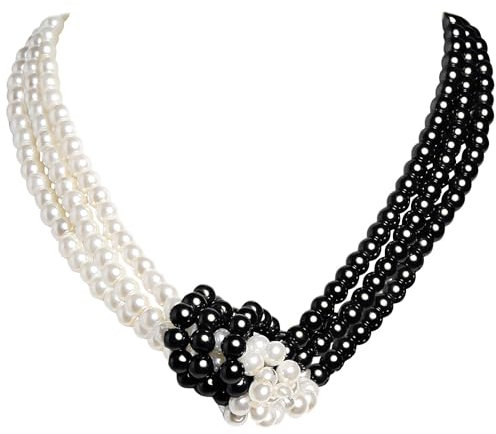 Duriya 1920s Damen Halskette Kurz Multi Schichte Choker Kette Hochzeit Braut Schmuck Accessoires Imitation Perlen Kette Elegant Retro Stil Fasching Kostüm Zubehör (Weiß+Schwarz)