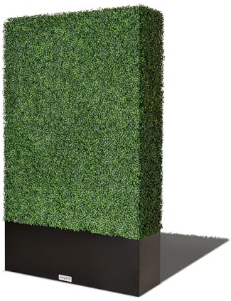 Artificial Boxwood Hedge Wall, 4FT x 6.5FT Outdoor Privacy Wall,Artificial Green Wall, Tall Artificial Privacy Hedge PARTITION Wall, Fake Greenery Grass Backdrop Wall with Stainless Steel Planter Box