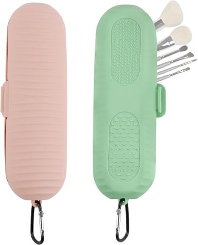 Playexen 2 Pezzi Porta Pennelli Make up da Viaggio in Silicone con Moschettone Portapennelli da Trucco Portatile con Fibbia Porta Pennelli Morbido e Leggero Porta Pennelli Trucco Riutilizzabile