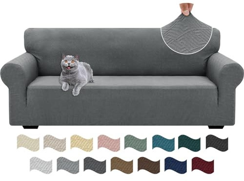 Ystyle Stretch Sofa Überzug 3 Sitzer, Sofabezug rutschfest Mit Armlehne, Elastische Couch Überzug Jacquard, Universal Sofa Cover Moderne, Sofaschoner Hund Katze Für Wohnzimmer, Hellgrau