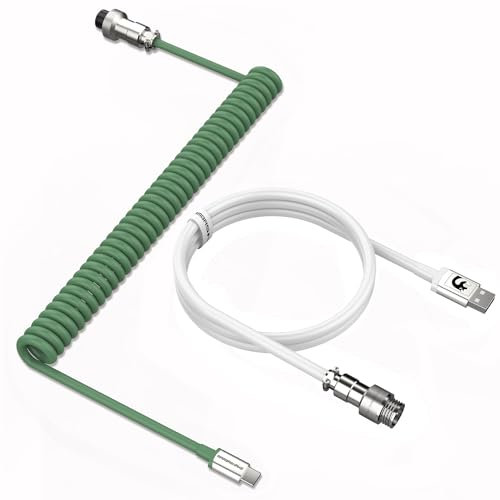 MAMBASNAKE C01 Spiral Tastaturkabel, Pro Custom Coiled USB C Kabel für Mechanische Tastatur, Typ C auf USB-A Kabel mit Abnehmbarem Metall Luftfahrtstecker, TPU Kabel für Gaming Tastatur-Grün/Weiß