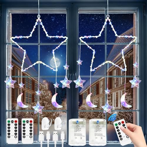 Weihnachtsbeleuchtung Fenster Stern,2 Stück Weihnachtsdeko Fenster Beleuchtet Batteriebetrieben,LED Stern Fenster Weihnachten,Mit 8 Blinkenden Modi,Fernbedienung,USB,für Ramadan,Hochzeit,Party