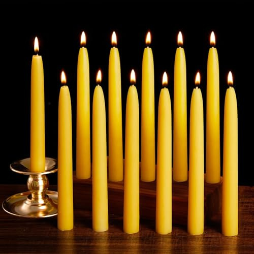 Ashlux Bienenwachs Stabkerzen & Spitzkerzen, 12 Stück, Gelb, 8 Std. | handgemacht, tropffrei, rußfrei & geruchsneutral – ideal für Weihnachten, Hochzeit, Meditation & Alltag