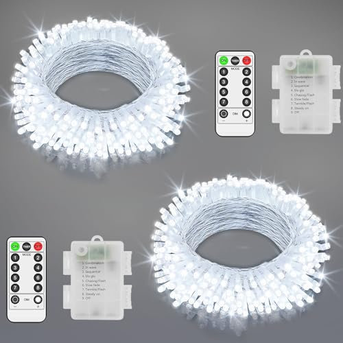 JXLEDAYY 2 Pack Total 20M 200 LED Fairy Lights Battery Operated Clear Wire String Lights Outdoor Christmas Lights with Remote Timer 8 Modes for Outside Garden Indoor Bedroom Decor-Cool White