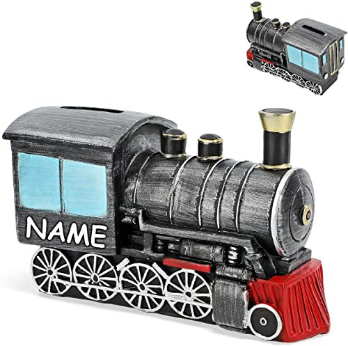 alles-meine.de GmbH große Spardose Eisenbahn/Zug/Lokomotive inkl. Name - mit Verschluss - aus Kunstharz/Polyresin - 17 cm - stabile Sparbüchse - Sparschwein - für Kinde..