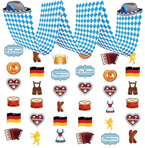WEDNOK Oktoberfest Hängende Banner 270x30cm Bayrische Deckendakoration Blau Weiß Bayern Partybanner Wiesn Party Deko Oktoberfest Partyzubehör für Bierzelten Biergarten München Bier Festival