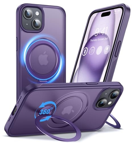 Anqrp 360° ALL-in-ONE Stand Case for iPhone 15 Case with Rotatable Magnetic KickStand Ring Holder, Compatible with MagSafe, Shockproof Translucent Matte Phone Cover for iPhone 15, Purple