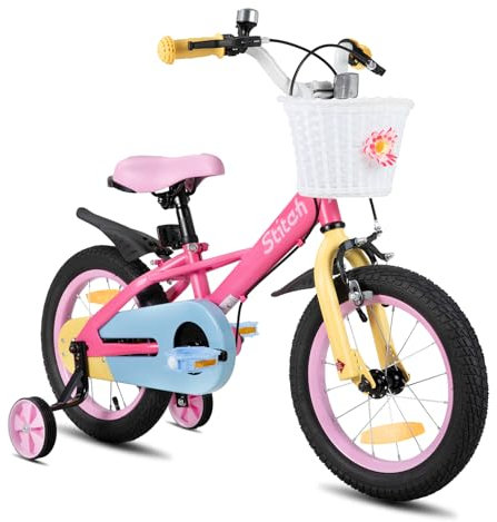 STITCH Macaron Vélo enfant 14 pour filles et garçons de 3 à 5 ans, vélo fille avec panier et roues stabilisatrices, rose