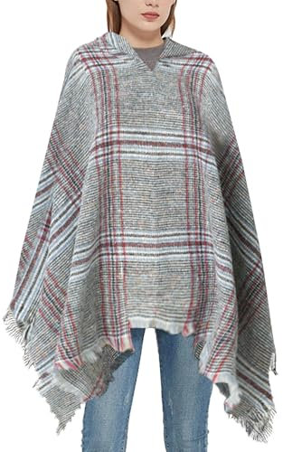 crazy bean Poncho Damen mit Kapuze Poncho Plaid Cape für Winter Poncho mit Fransensaum,Hellgrau