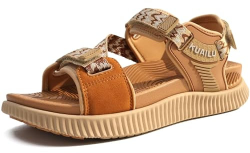 KuaiLu Sandales Randonnée d'extérieur Confort Orthopédique Soutien Voûte Plantaire Réglables Trekking Cuir Légères Ouvertes Marche Antidérapantes Marron 38