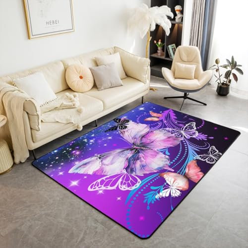 Psychedelic Sternenhimmel Bereich Teppich 100Bx150L,Regenbogen Schmetterling Indoor Bodenmatte,Aquarell Stil Dekorative Teppich,Wild Tier Teppich für Zuhause,Glitter Sterne Dekorative Akzent Teppich