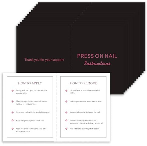 50 Pack Press on Nail Instructions Cards, Bebbtiy Press on Nail Application Guides Nail Aftercare Manicure Usage Business Supplies Card (Black-1)