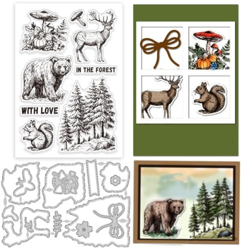 GLOBLELAND Klare Stempel Mit Waldtieren Bären Hirschen Pilzen Rahmen Stanzformen Set Silikon Transparenter Stempel Metall Stanzungen Für Die Kartengestaltung Und Prägungen Scrapbooking Basteln Dekor