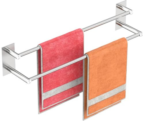 Porte Serviette Salle de Bain, Porte-Serviettes à Deux Bras sans Perçage, Porte Serviettes de Bain Auto-Adhésif en Acier Inoxydable SUS304 Double Couche 59,5 cm Brossé Mural - Argenté