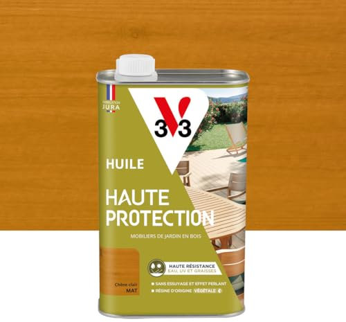 V33 Huile bois extérieur Haute Protection Chêne clair mat - Pour mobilier de jardin - Haute résistance eau, UV et graisses - Sans essuyage et effet perlant - Résine d'origine végétale - 1L