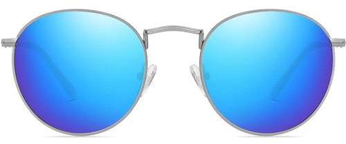 DUCO Retro Runde polarisierte UV400 Sonnenbrille für Männer Frauen Vintage polarisierte Sonnenbrille Klassische Vintage Schatten DC3048 (Silber Rahmen Blau Linse)