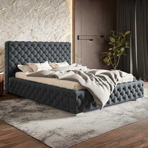 MOTIVENA Dianna Chesterfield Bett 200x200, Polsterbett 200x200, mit Bettkasten, mit Stauraum, mit Lattenrost, mit Kopfteil, ohne Matratze, Bett Samt, Grau Anthrazit