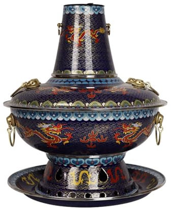 Pekinger Feuertopf, Cloisonné-Kupfer-Feuertopf, traditioneller chinesischer Holzkohle-Feuertopf, Alter Feuertopf, verbrühungsfester Griff (D 30 cm)