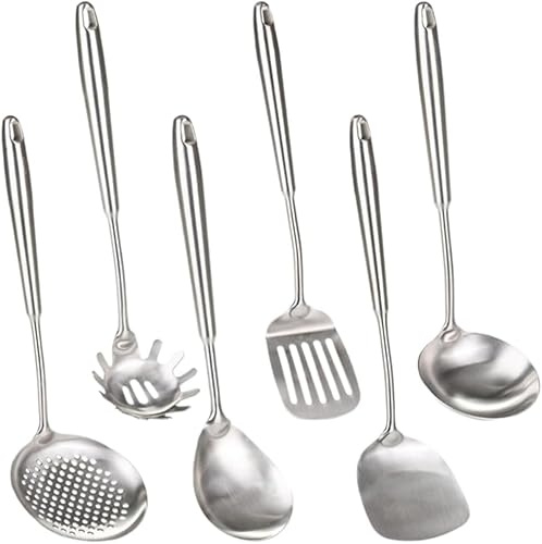 6 Pieces Cooking Utensils Stainless Steel Kitchen Utensils Set,304 Metal,Dishwasher Safe,Ergonomic and comfortable serving Utensils, Soup Ladle Spoon Turner Skimmer set