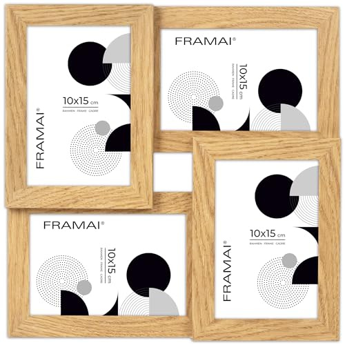 FRAMAI Multirahmen für 4 Fotos – Bilderrahmen Collage aus MDF Holz mit bruchsicherem Plexi – Modern & vielseitig – Hergestellt in der EU – Eiche