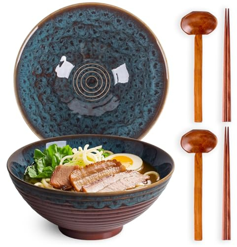 Tacuhy 40oz Japanese Ceramic Ramen Bowl Set of 2 with Chopsticks and Spoons for Pho Udon Asian Soup Noodles (Peacock Tail)