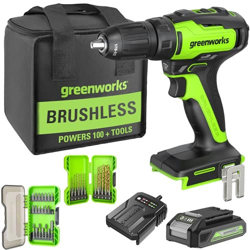 Greenworks Perceuse-visseuse sans fil 24 V, moteur sans balais, couple 35 Nm, avec batterie 2Ah et chargeur, kit de forets et kit d'embouts de vissage