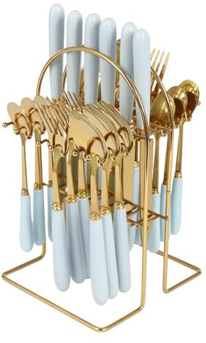 24-Piece Cutlery Set, Stainless Steel Cutlery Set with Stand, 24-Piece Home Safety Stainless Steel Silverware Set with Stand, Mirror Polishing Flatware Set Service (Gold+ Blue)