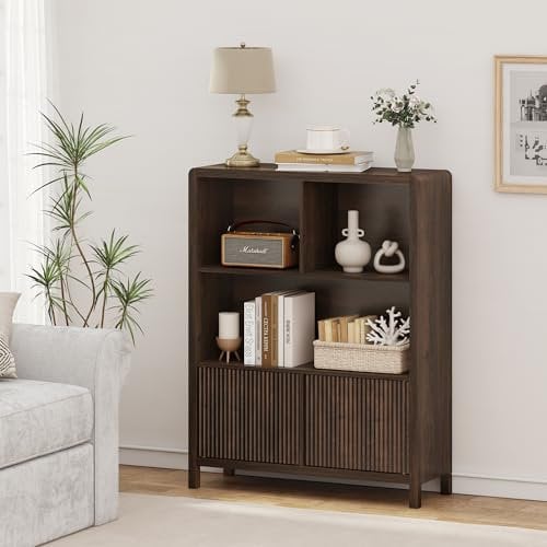 [en.casa] Highboard Lukkodso Kommode Sideboard 103 x 80 x 28 cm Mehrzweckschrank Wohnzimmerschrank mit 2 Türen und 5 Fächern Schrank für Wohnzimmer Walnussoptik