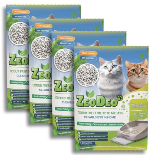ZeoDeo- Granulés de litière pour Chats à la zéolite Naturelle pour systèmes de litière pour Chats à Double Couche -'''ZeoDeo''-Natural Zeolite Cat Litter Pellets (Set 4 X 1.81 kg (7,24 kg))