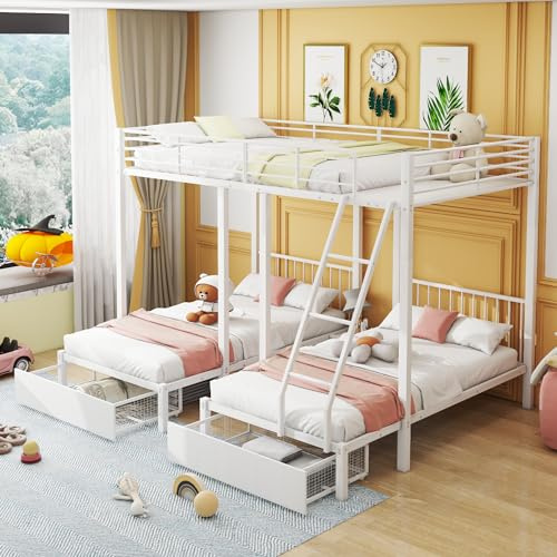 TOBIDOEN Dreier Hochbett umwandelbar in 140 x 200 Doppelbett und Zwei 90 x 200 Einzelbetten, Dreifaches Etagenbett mit 2 Schubladen und Leiter, Multifunktionales Familienbett, Metallbett, A - Weiß