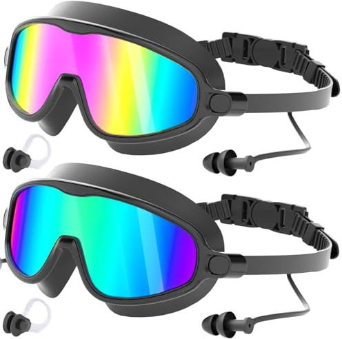 COOLOO Schwimmbrille Herren Damen, 2 Stück Anti-UV Schwimmbrille Erwachsene | 180°Panorama Taucherbrille, Anti-Beschlag, Wasserdicht, ohne Leckage mit Ohrstöpseln, PC-Gläser, Ein-Klick-Verschluss