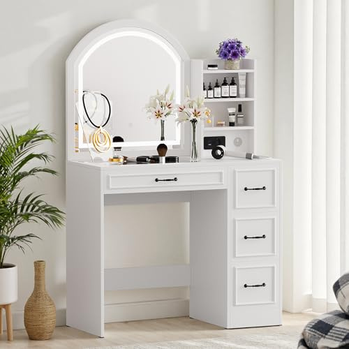 VDNEND Schminktisch mit Spiegel & LED-Beleuchtung (3 Farbtemperaturen), Make-up Tisch mit integrierter Steckdose, Glasplatte, 4 Schubladen & offenem Regal, Frisiertisch für das Schlafzimmer, Weiß