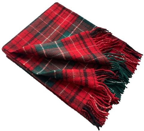 Plaid Wolldecke, Schottisches Muster, 100% Neuseelandwolle, Rot-Grün mit Fransen