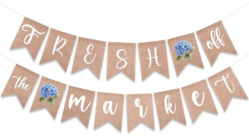 Fresh Off The Market Bridal Shower Banner - Blue Hydrangea Burlap Pre-Assembled Banner - Farmer Market Bachelorette Party Decor & Supplies - Bride-to-Be Gifts & Bridal Shower Favors - A02