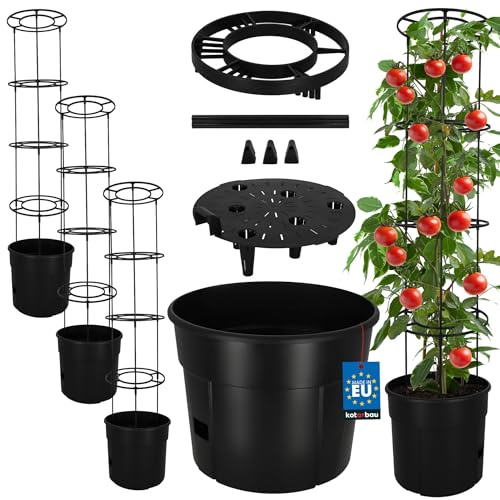 KOTARBAU® Tomatentopf mit Rankhilfe & Wasserspeicher ⌀ 39 cm, Tomatenturm | 3er Set Pflanztopf + Rankhilfe für Tomaten & Gurken, 153 cm hoch, Rankturm, Anzuchttopf aus Kunststoff, Schwarz